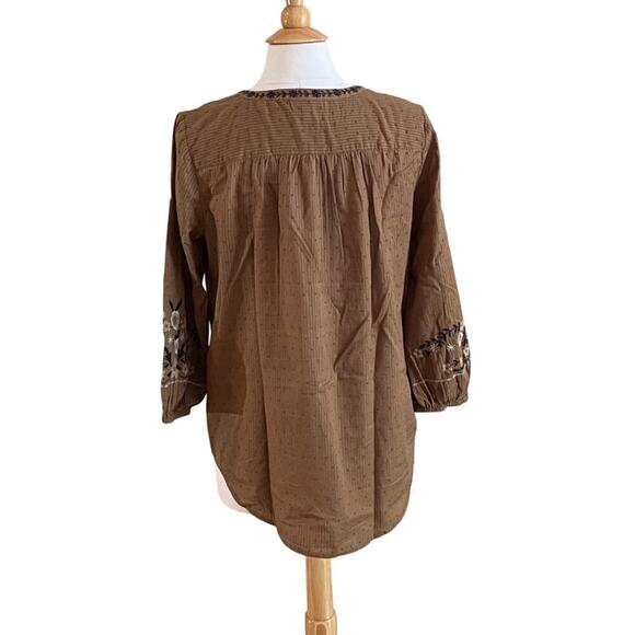 J. Jill Cotton Brown Embroidered Floral Swiss Dot Button Down Peasant Blouse S - Picture 3 of 14